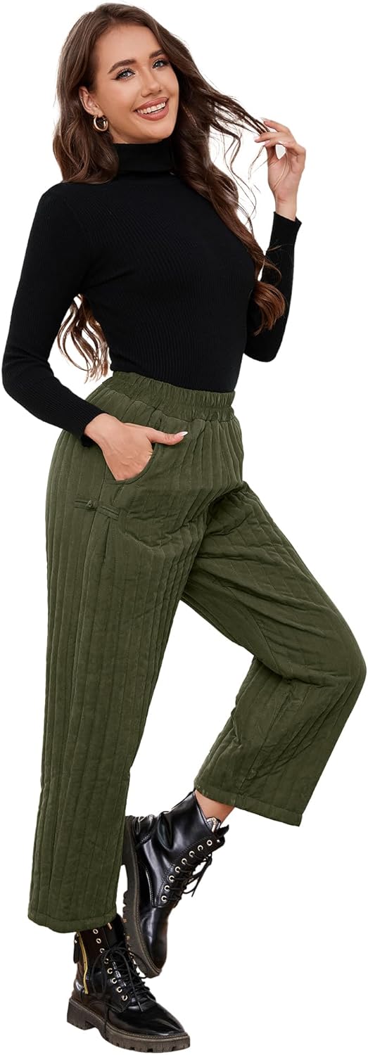 Women's Cotton Down Pants Winter Warm Thicker Padded Quilted Pants Wide Leg Elastic Waisted Loose Trousers with Pockets - Image 5