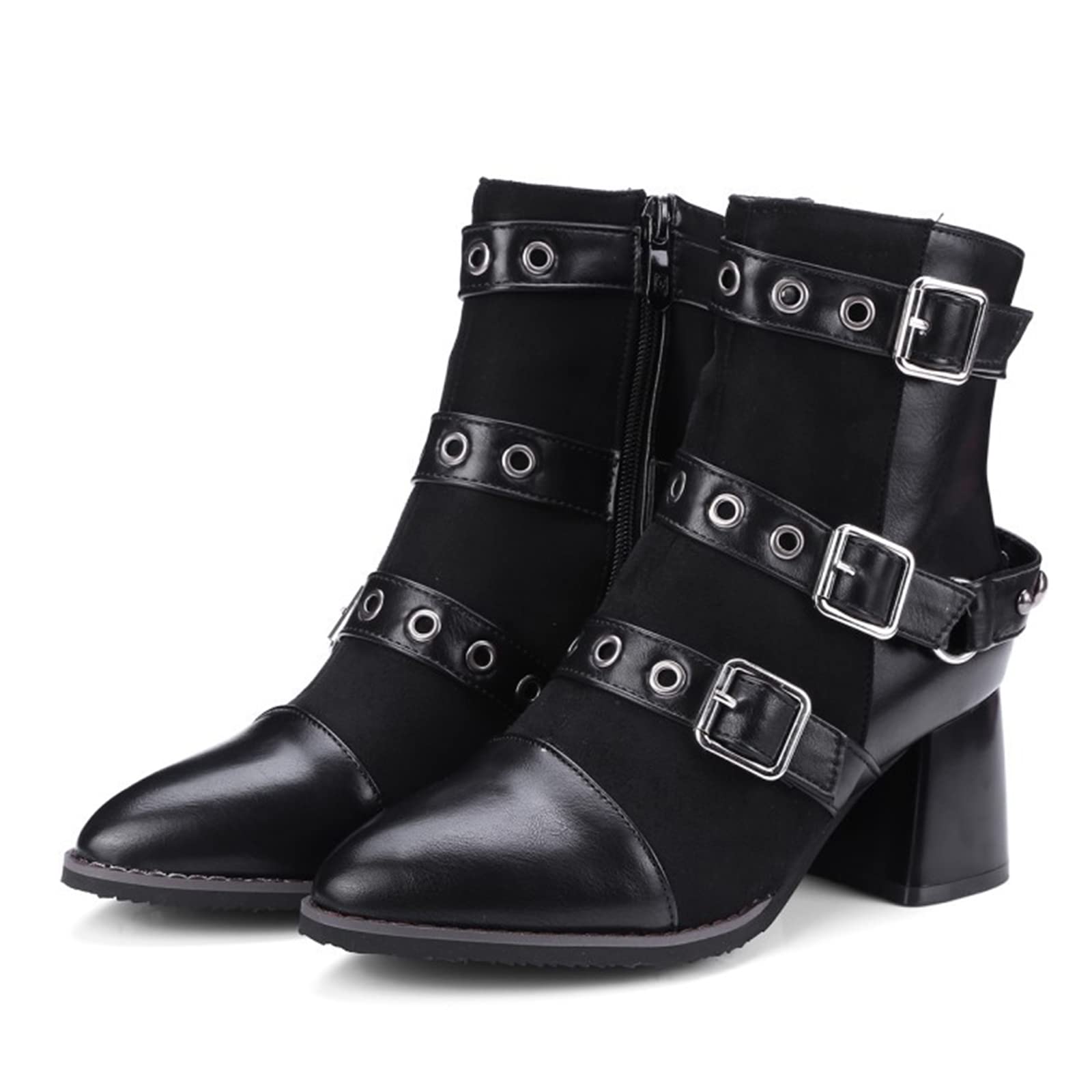 Botas Cortas Elegantes Y Versátiles con Punta En Pico De 6CM/2,36 Pulgadas Botines De Tacón Alto con Hebilla De Cinturón Botas De Baile En Barra De Tacón Alto