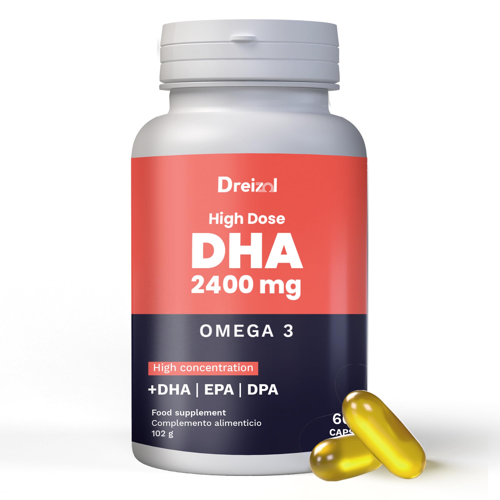 by Brudy Lab - Omega 3 2400 mg DHA High Dose – Cápsulas con DHA, EPA y DPA en Triglicéridos - Aceite de Pescado Concentrado - 60 Cápsulas