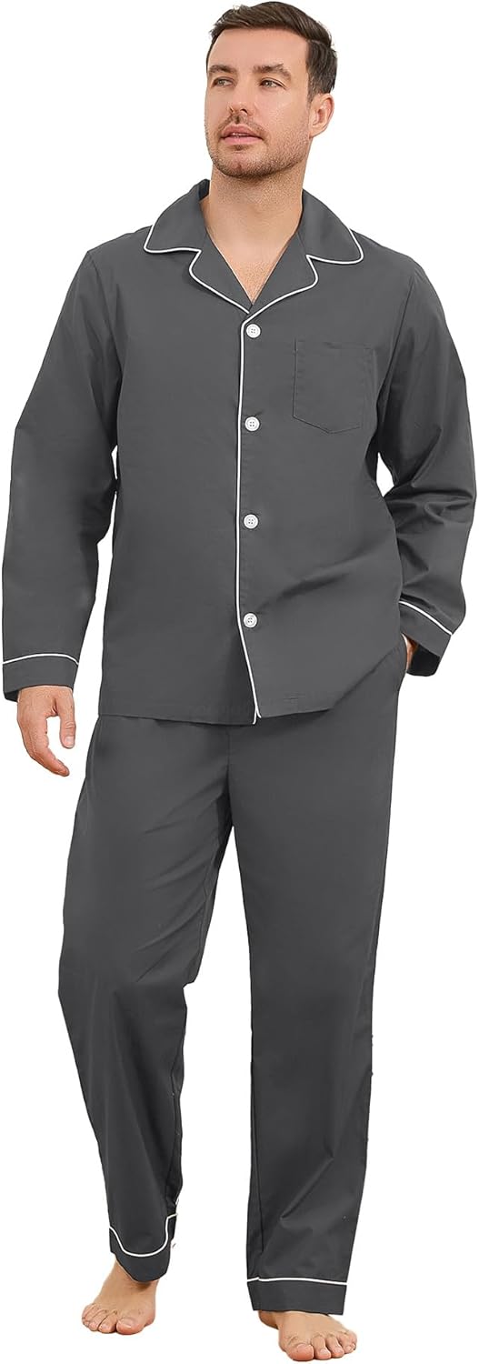 Vulcanodon Mens 100% Cotton Pajamas Set, Soft Long Sleeve Pajamas for men Lightweight Button Up Sleepwear Loungewear Pjs Set