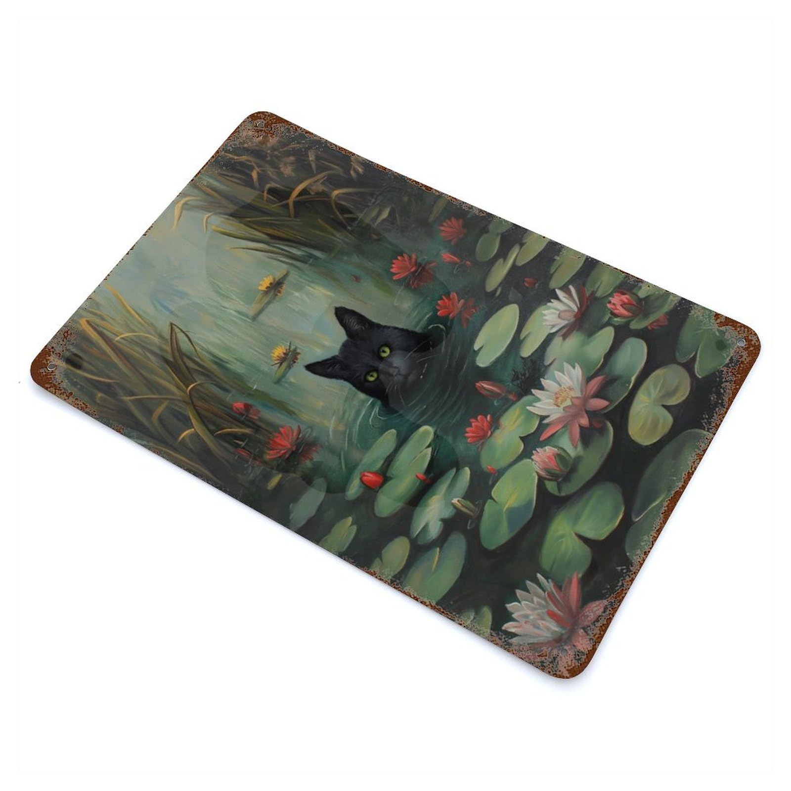 Black Cat River Swimming Rustic Tin Plaque 11.8"x7.9", for Shed, Workshop And Garage Wall Decor, Shabby Chic Decor