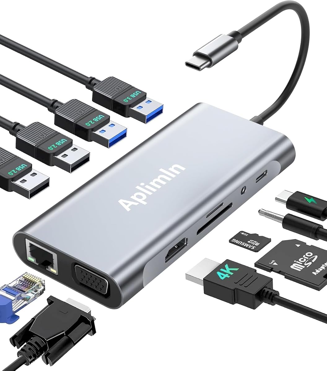 USB C HUB, USB C Adapter 11 in 1 Dongle with 4K HDMI, VGA, PD 100W, 1 X USB 3.0, 3 X USB 2.0 Ethernet, SD/TF Card Reader, 3.5mm Headphone Jack for iPhone 16/15 MacBook Pro/Air, Other Type C Laptops