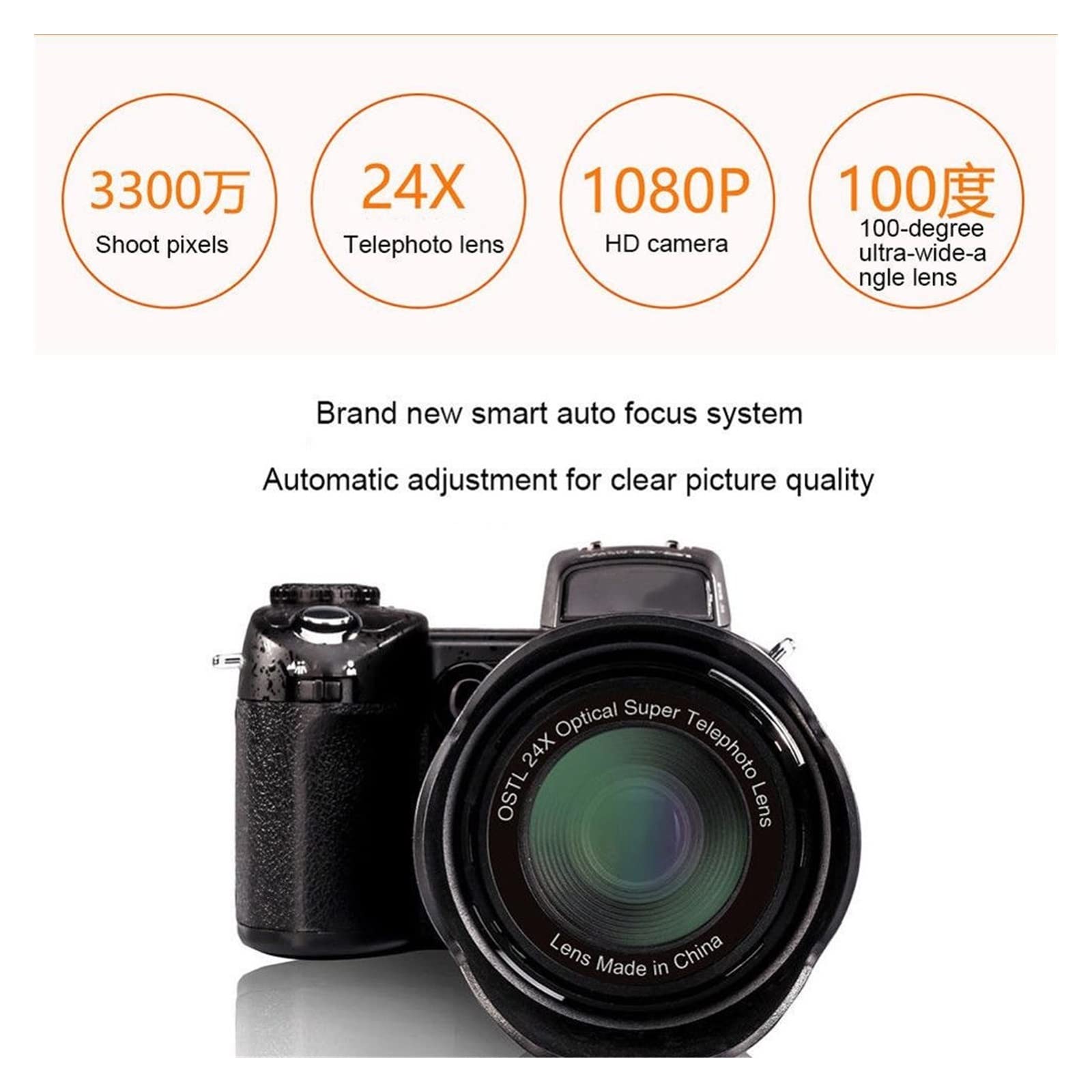 Fotocamera digitale, Fotocamere per la fotografia, Obiettivo grandangolare for videocamera HD da 33 MP + teleobiettivo 24X + LED + set treppiede Portatile per i viaggi e buona durata della batter(Type
