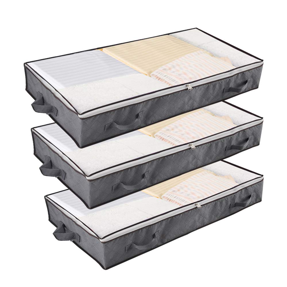 UOUNE 90L Underbed Storage Bags | Large Storage Organiser Boxes - Foldable Fabric Wardrobe Storage Solutions with Zips and Reinforced Handles for Duvets, Clothes, Shoes, Beddings, Qulit, 3 Pack, Grey