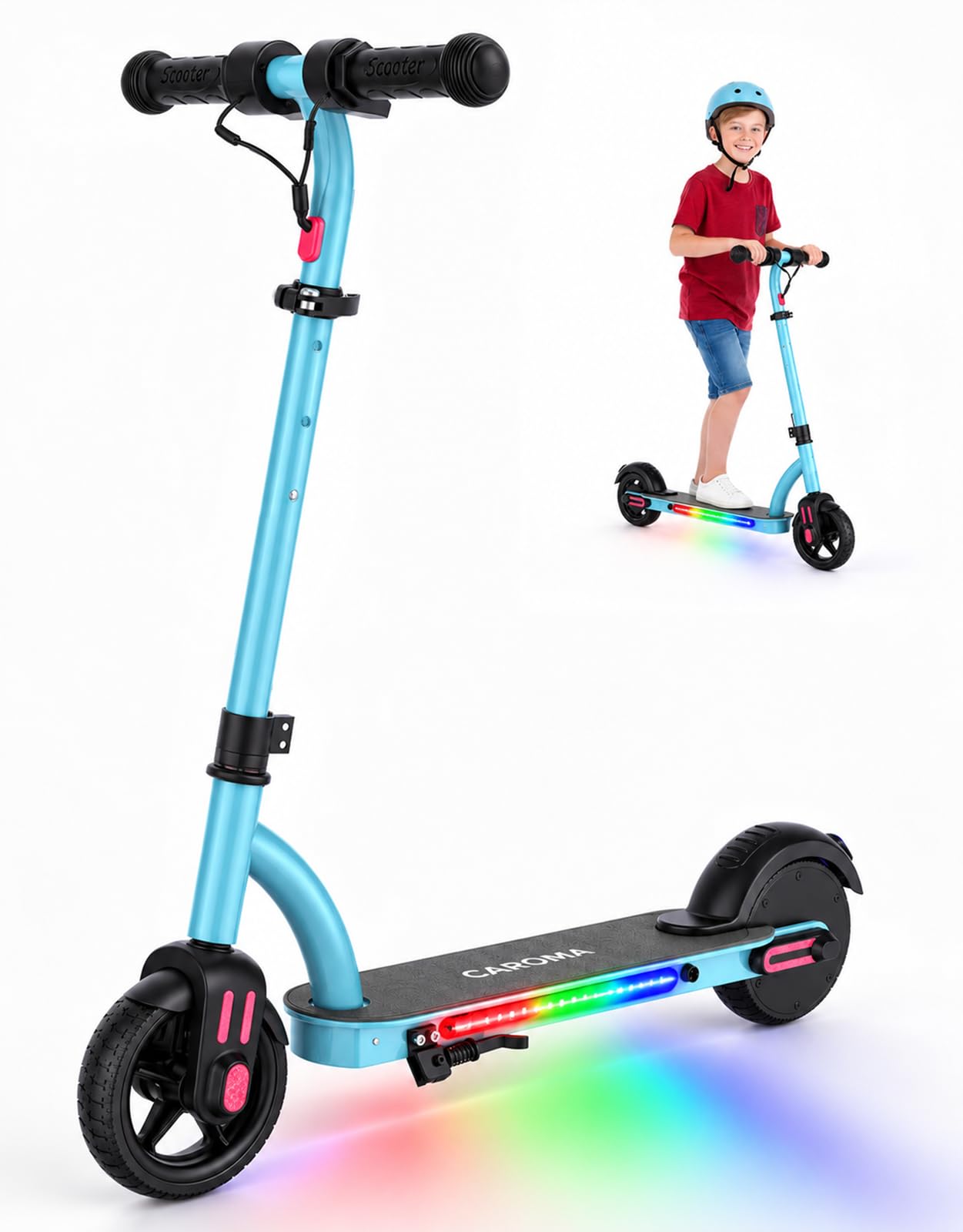 Caroma Electric Scooter for Children from 6-12 Years, 150 W Motor up to 16 km/h, 12 km Range, E Scooter, Foldable E Scooter with Colourful Lights  LED Display, Adjustable Speed  Height | 16 km/h, 12km Reichweite E Scooter, Faltbarer E Roller mit Bunte Leuchten  LED-Display, Einstellbare Geschwindigkeit  Höhe