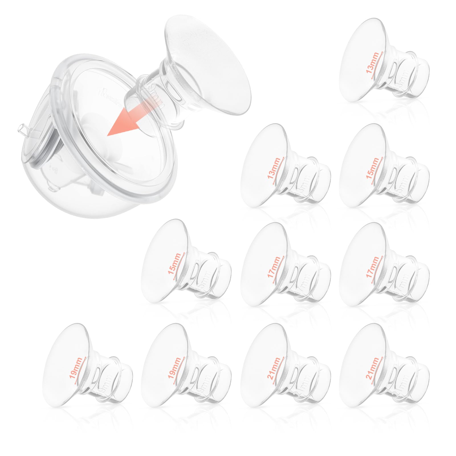10Pcs Flange Inserts 13 15 17 19 21mm Pump Parts Replacement Alternative Silicone Trumpet Well Compatible with Momcozy Tsrete Spectra Motif Luna Breast Pump 24mm