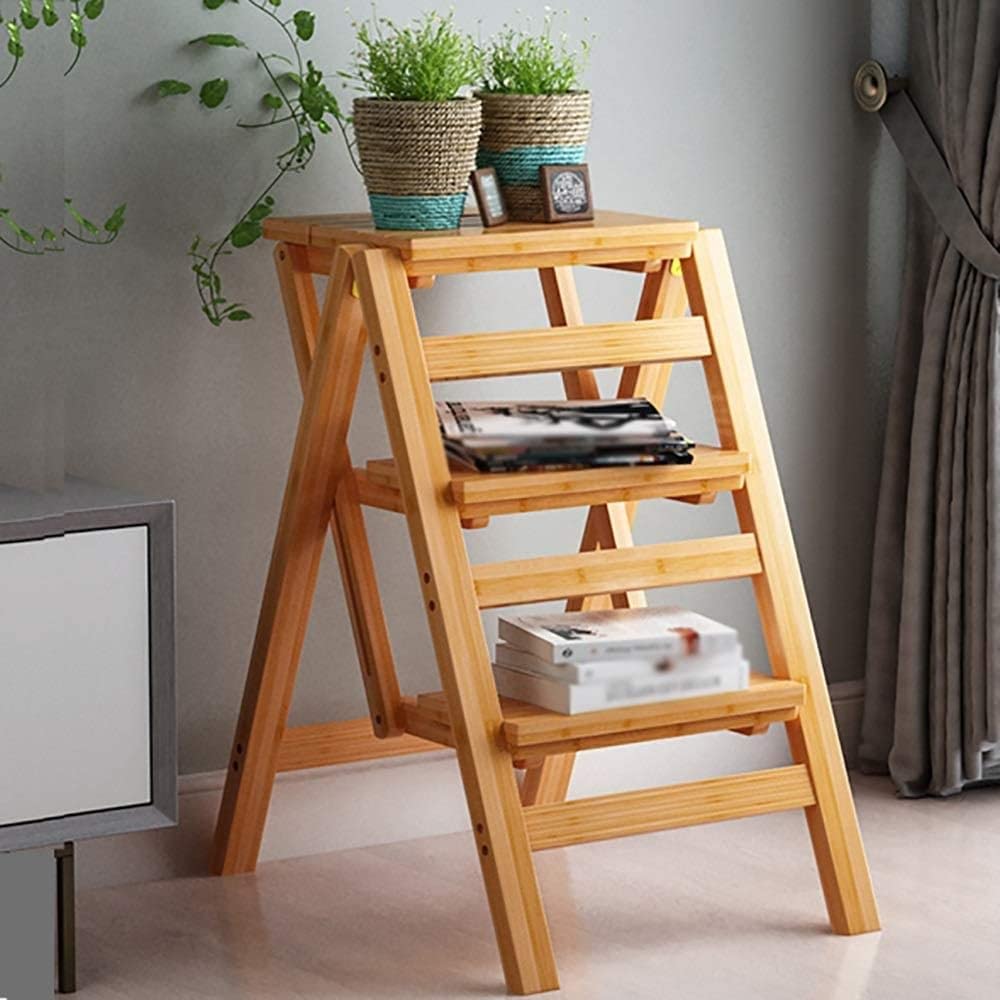 Taburete con peldaños OKUOKA de bambú plegable y escalera multifunción para el hogar