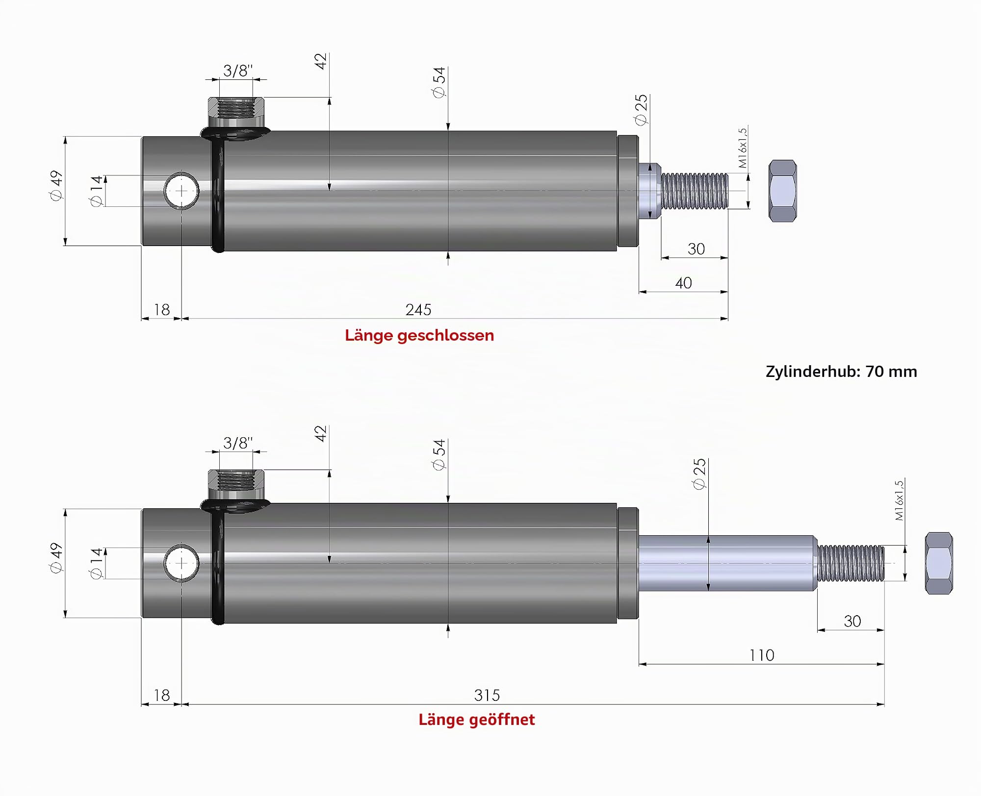 Bremszylinder mit Rückholfeder innen einfachwirkend, Hydraulikzylinder Anhänger