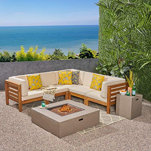 Great Deal Furniture Xanthe Outdoor V-Shaped Sectional Sofa Set With Fire Pit - 7-Piece 5-Seater - Acacia Wood - Outdoor Cushions - Teak With Beige And Light Gray #TOP1