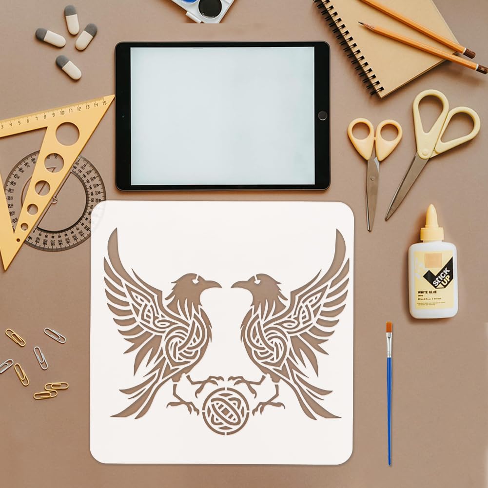 FINGERINSPIRE Stencil con Nodo Celtico di Corvo con Pennello Da 30x30cm Due Stencil per Pittura A Forma di Corvo Stencil con Motivo di Uccelli Stencil con Disegno di Taccola Moo con Temi