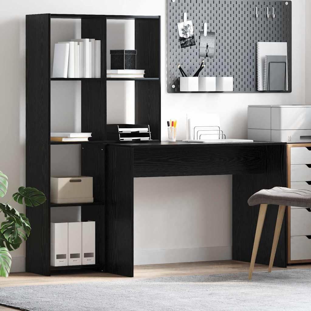 Scrivania con mensola, effetto rovere nero, 138,5 x 55 x 143 cm, robusto materiale in legno, antigraffio, ideale per casa, ufficio, giochi, apprendimento, con molto spazio