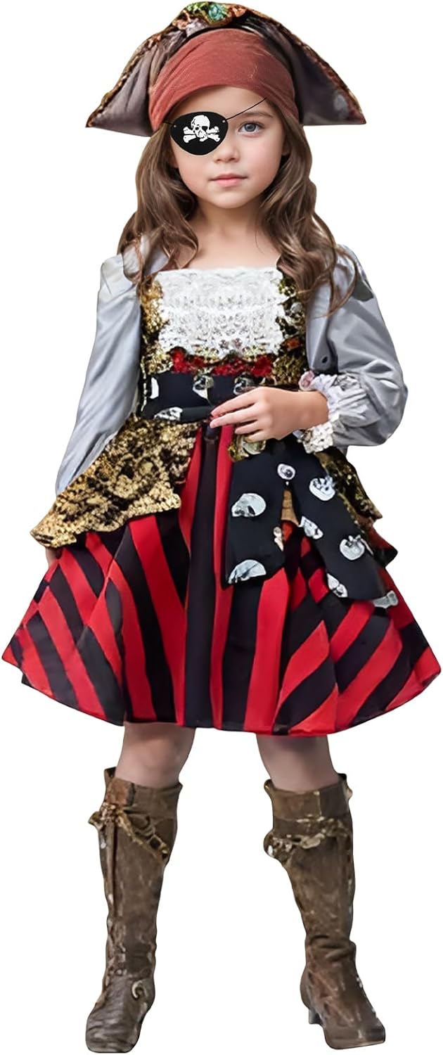 Girls Pirate Costume Buccaneer Princess Dress Up for Kids with Accessories Halloween Cosplay Party Outfit - Image 6