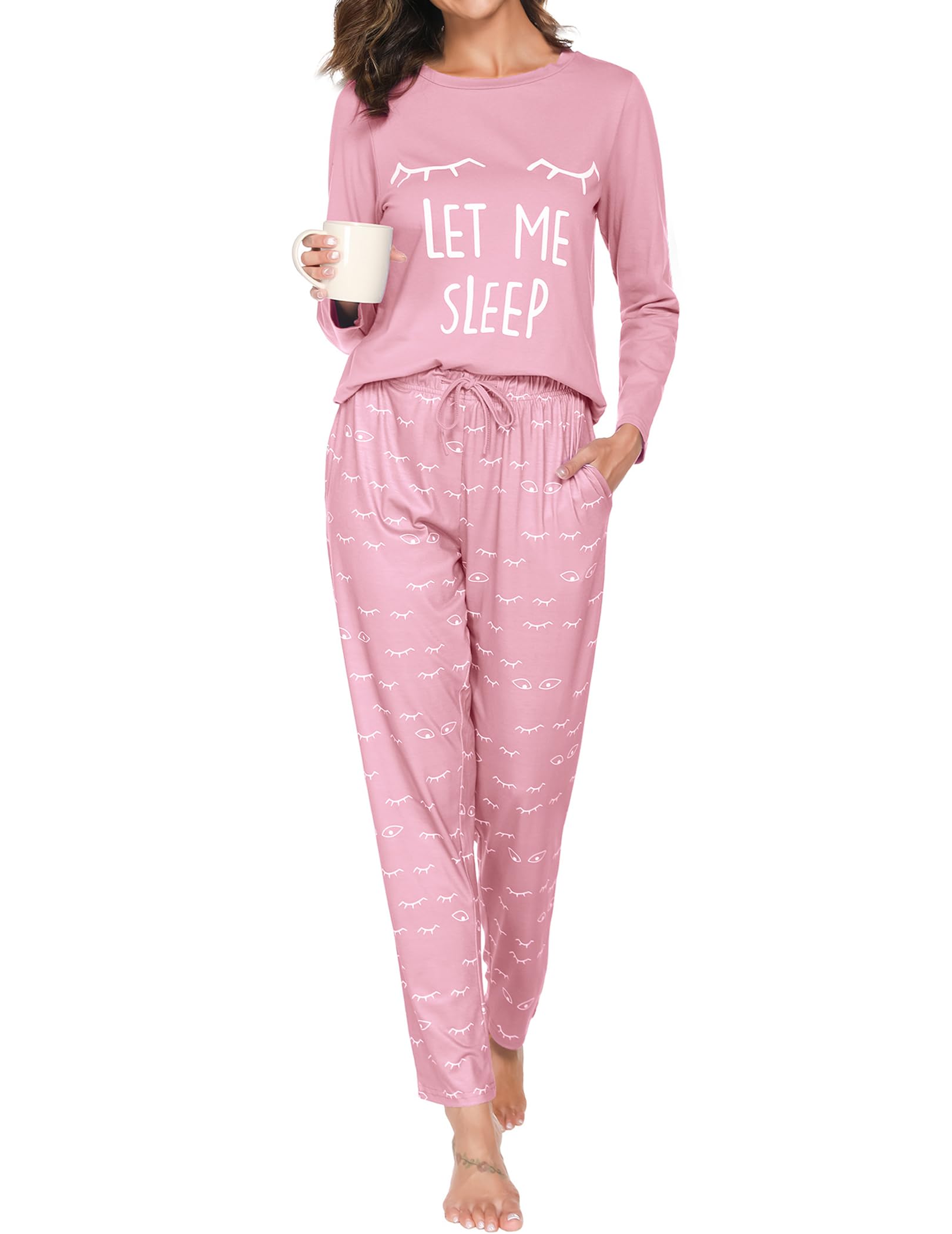 Reliwel Schlafanzug Damen Lang Baumwolle Pyjama Set Winter Oberteil und Schlafanzughose Langarm Loungewear Sleepwear Hausanzug Kuschelig Freizeitanzug