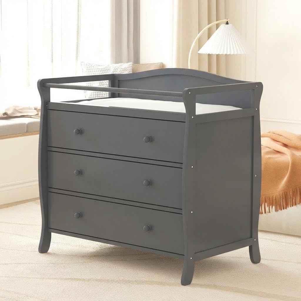 Wooden Diaper Changing Table with 3 Drawers, Baby Changing Station with Safety Rail, Modern Infant Nursing Table Cabinet with Storage, Natural Grey Wood Change Top for Nursery, Bedroom