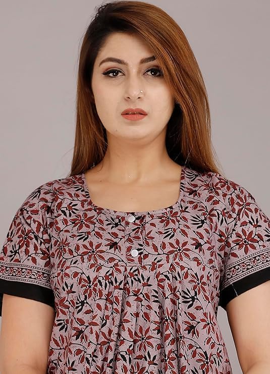 Image of NILOUFO Women's Cotton Printed Maxi Nighty - Pack of 2 | Soft Ankle-Length Sleepwear Gowns for Women | Free Size Night Dresses (Purple,Brown, Free Size)