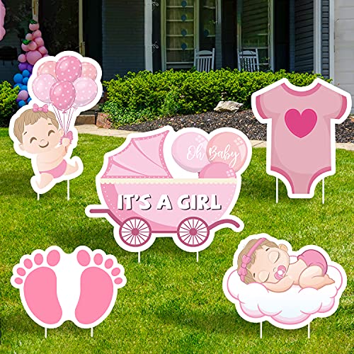 WATINC Set of 5 ITâ€™S A Girl Yard Signs with Plastic Stakes Welcome Home Oh Baby Large Waterproof Single Sided Printing Lawn Sign Baby Shower Gender Reveal Party Decorations Supplies for Outdoor Garden