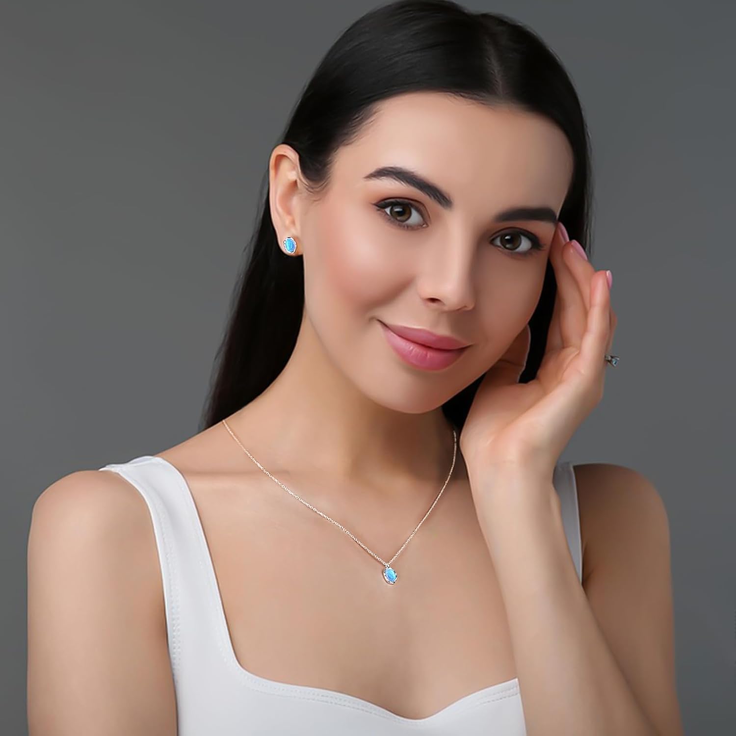 Deep Blue Opal & CZ Sterling Silver Stud Earrings for Women, 925 Silver Dainty Minimalist Jewelry Gift - Image 8