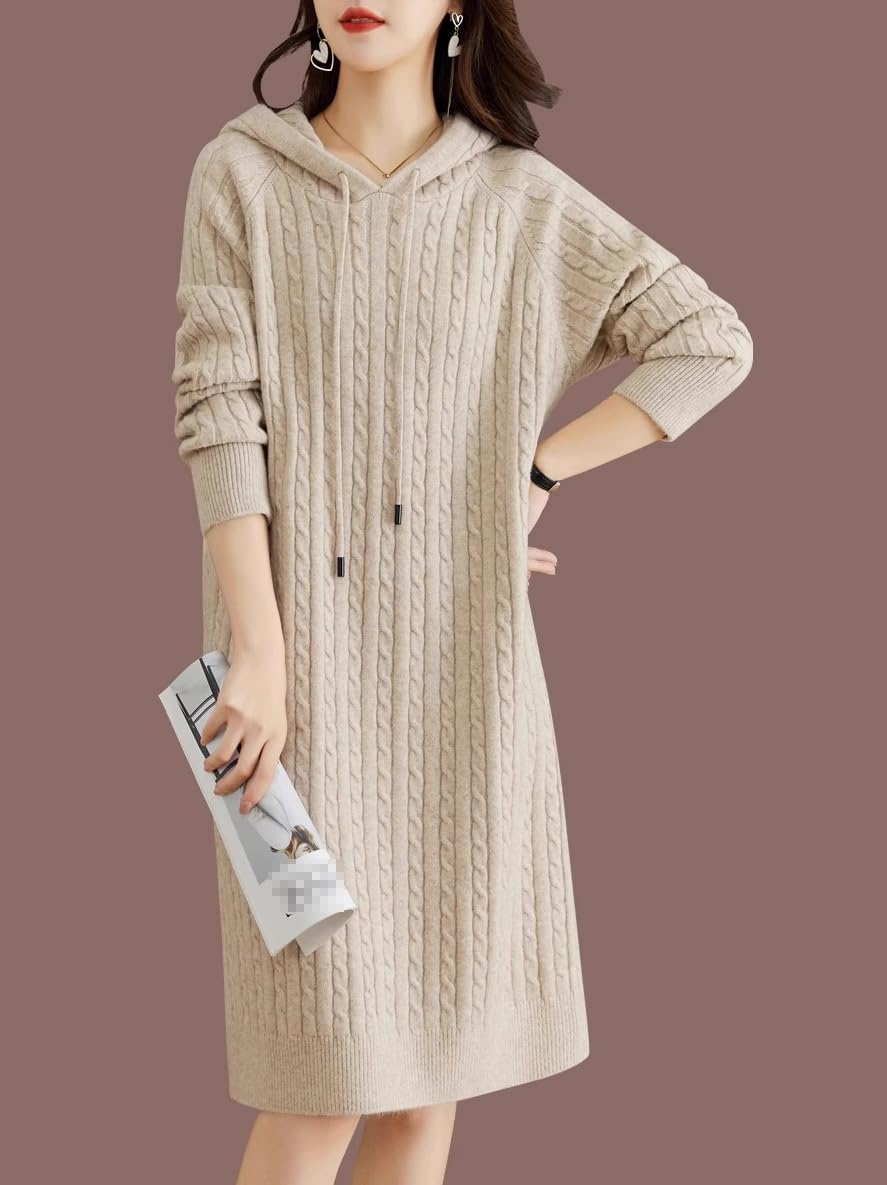 LIXINGHEITANG Women's Hooded Sweater Spring and Autumn mid-Length Wool Dress Winter Cashmere