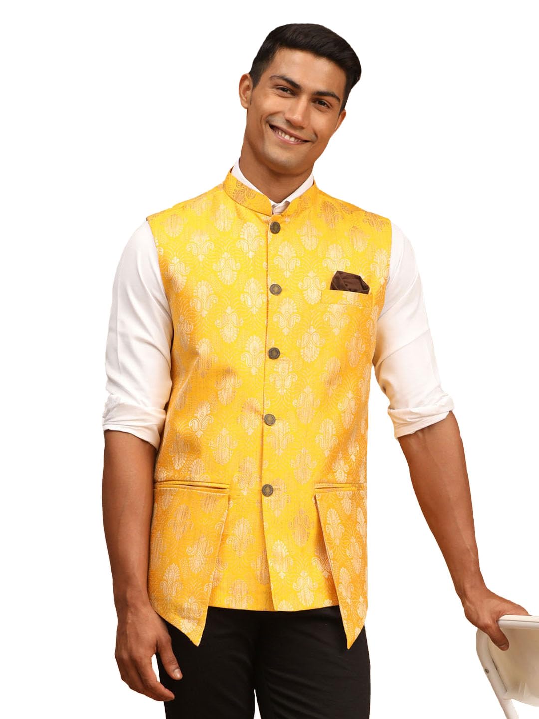 vastramay Men's Nehru Jacket | Classic Jacquard Silk Fabric Jacket That Has Double Flap Pocket Detailing Give It An Edge Over Others-picture-10