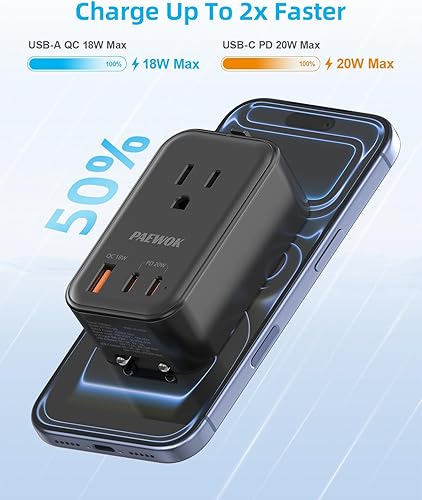 Miniatura 5 de PAEWOK Adaptador de viaje USB C, adaptador de enchufe de viaje europeo con 1 toma de CA y carga rápida USB (PD 20W), adaptador universal plegable
