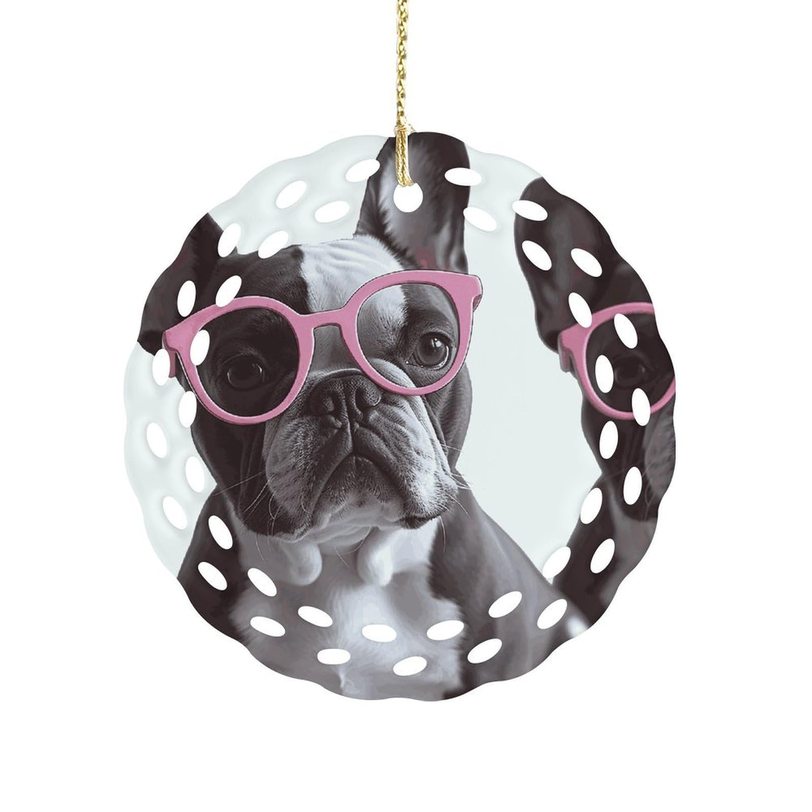 Fekiloot Women's Style French Bulldog Pink Glasses Ceramic Ornaments 3 Inch Round,Holiday Keepsake For ,Girls,Pet Owners,Hanging Ornament Gifts Idea For Home