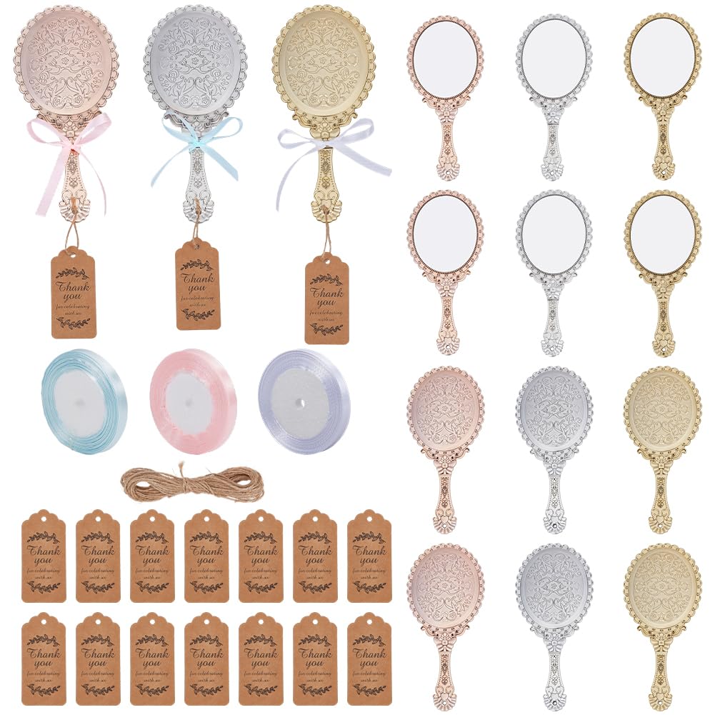 OLYCRAFT 36 Packung Vintage Handspiegel Tragbarer Spiegel Mit Geprägtem Blumenmuster Dekorativer Handspiegel Aus Kunststoff Inklusive 3 Rollen Band Und 36 Kärtchen Für Gesichts Make Up Reisen Zuhause