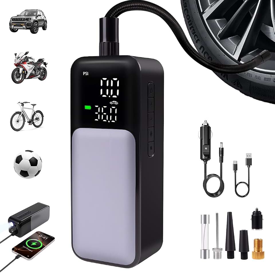 Compresor Aire Portatil Inflador Ruedas Coche 8000mAh 150PSI radiador Espiral acelera disipación Calor&Power Bank Hinchador Electrico Bicicleta para Auto con LED, para, Moto, Bicicleta, Pelot
