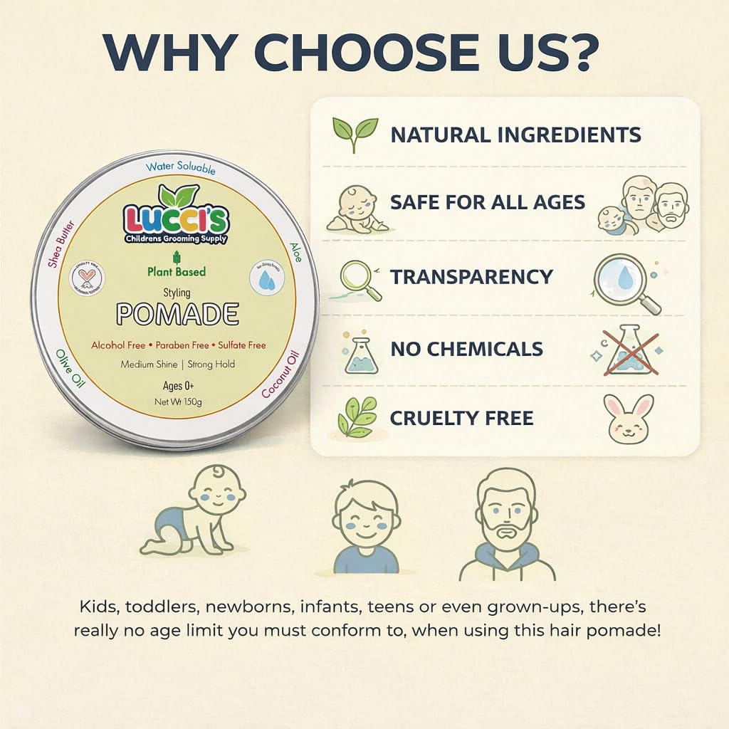 LUCCI’S CHILDRENS GROOMING SUPPLY Baby Hair Gel – 5oz Plant-Based Styling Hair Pomade for Infants – No Parabens or Sulphates – Medium Shine and Strong Hold Hair Paste for Kids