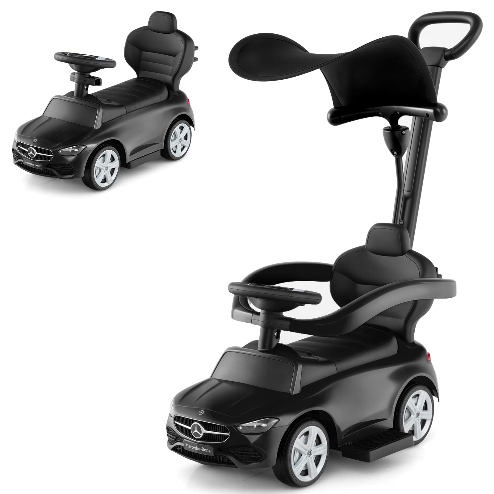 OLAKIDS Push Car for Toddlers 1-3, 3 in 1 Licensed Mercedes Benz Baby Sliding Walking with Parent Control Handle Adjustable Canopy Guardrail Under Seat Storage, Kids Ride on Toys with Horn (Black) โ image 1