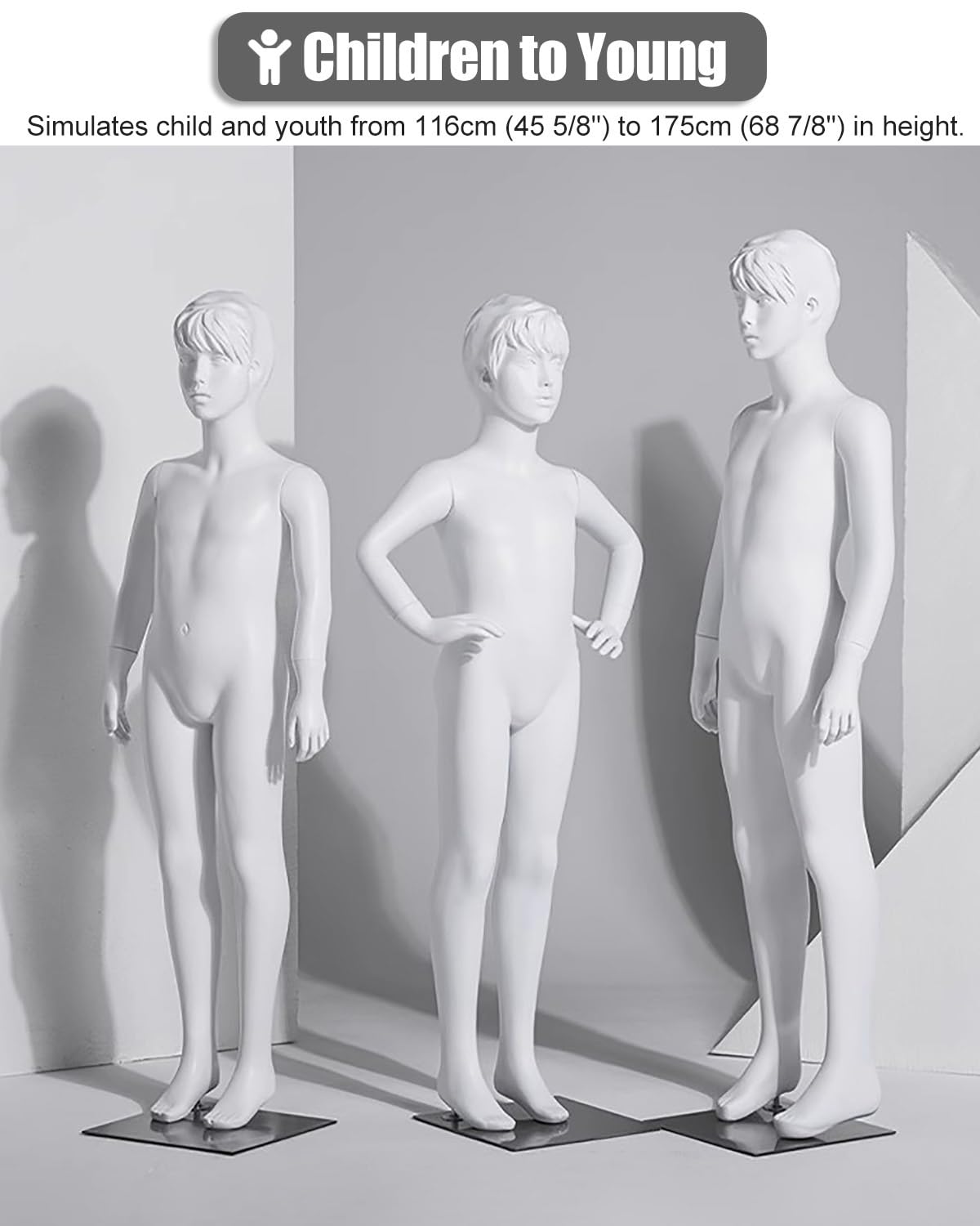 Biały manekin na całe ciało dla dzieci i młodzieży, idealny do sprzedaży odzieży. Model z włókna szklanego, idealny do sklepów i salonów (133 cm/52 3/8 "szerokości).