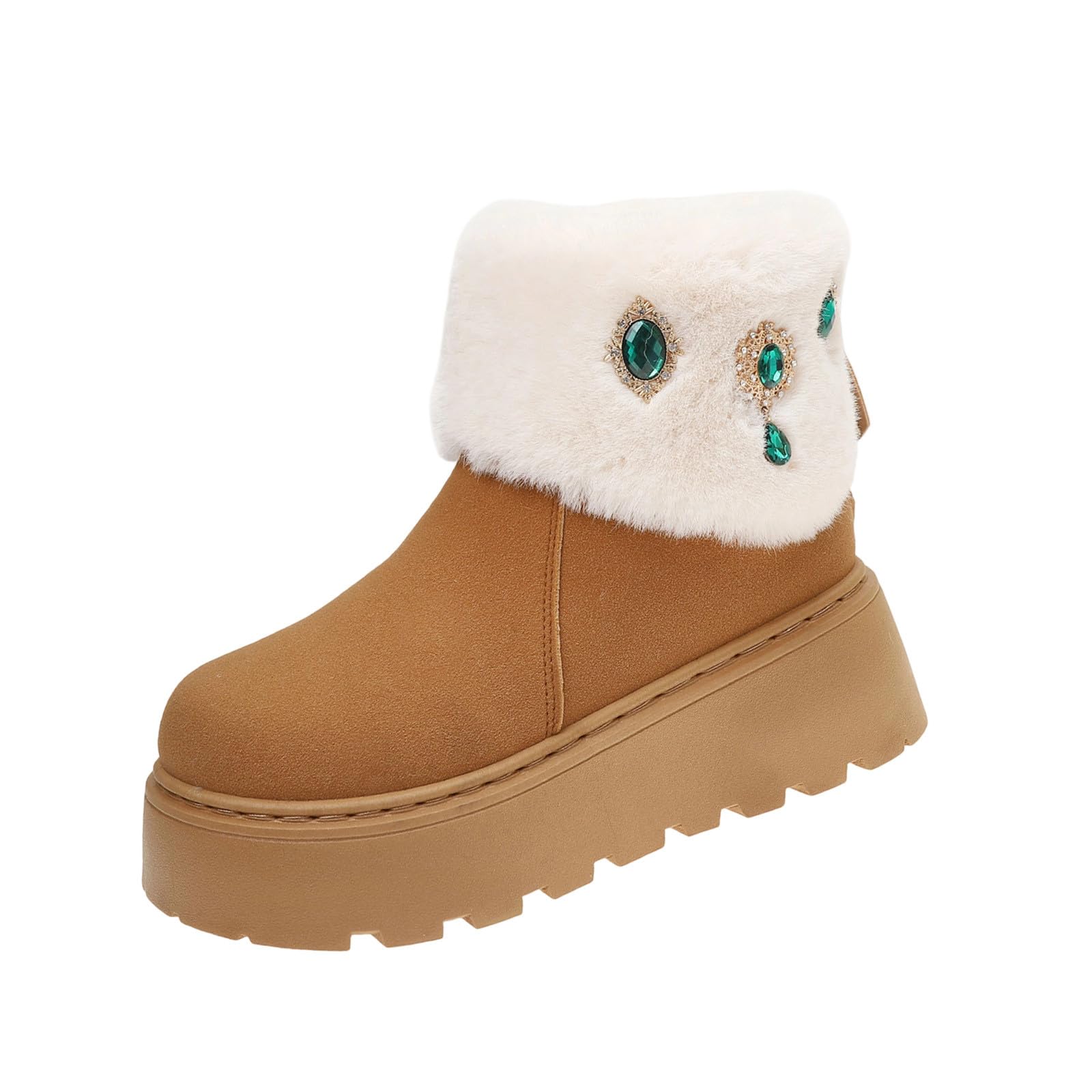Ladies Jewel-Embellished Thick-Soled Boots for Fall and Winter with Height-Enhancing Cuffed Design Comfortable and Warm