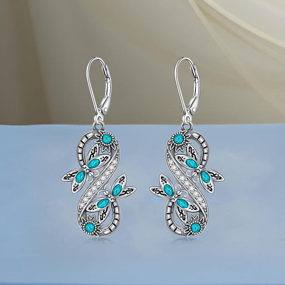 Turquoise Dragonfly Earrings for Women Sterling Silver Dragonfly Gifts Earrings Turquoise Leverback Dangle Drop Infinity Sunflower Jewelry - Image 9