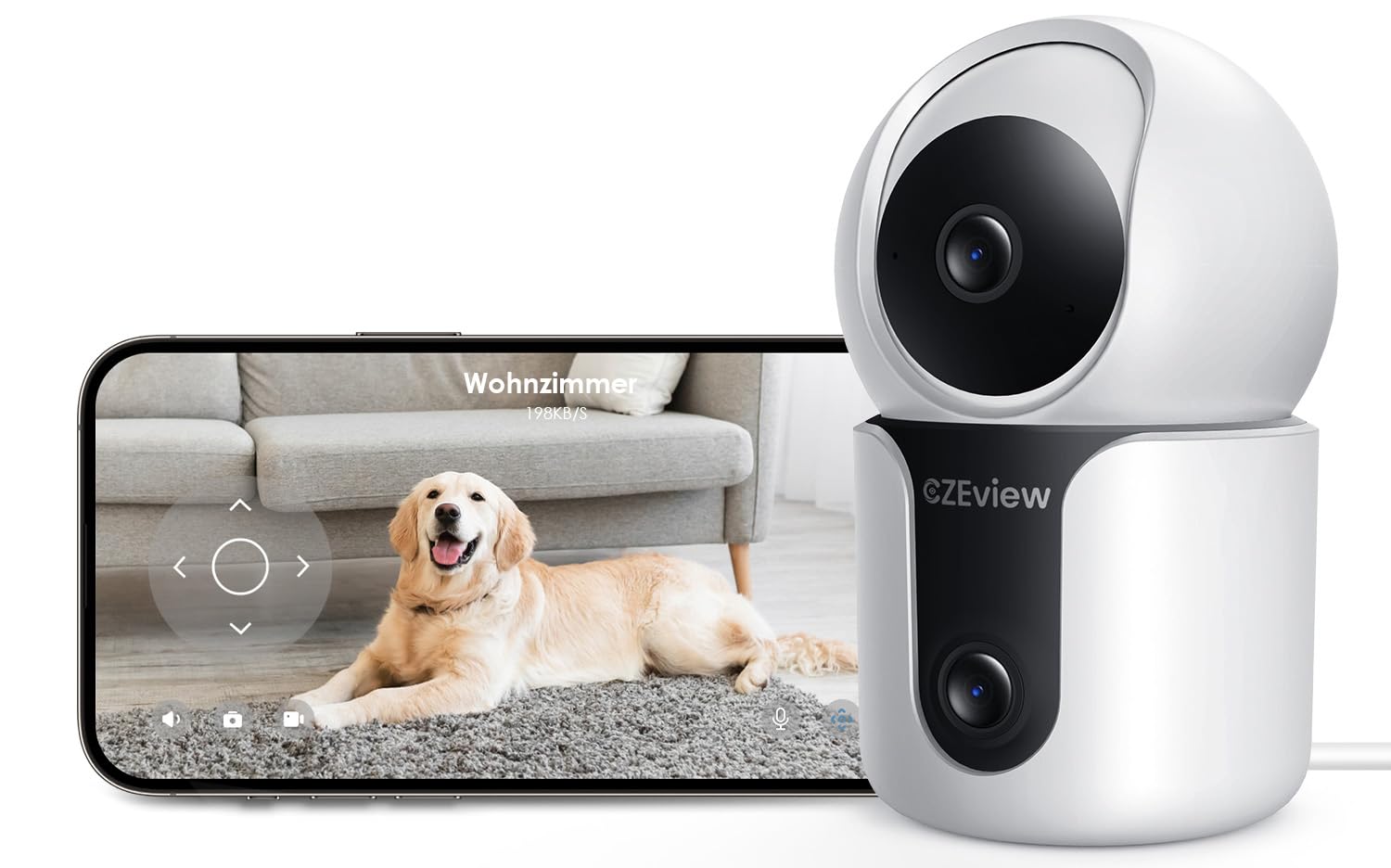 CZEview Telecamera di sorveglianza a doppia lente 2K, per interni, animali e cani | Doppia fotocamera, monitoraggio del movimento, comunicazione bidirezionale, PTZ a 360°, modalità privacy