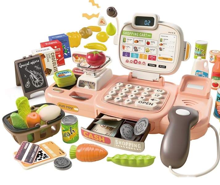 YGVQN Caixa registadora de brinquedos com scanner e som, conjunto completo de 72 acessórios (calculadora, POS, dinheiro falso) e música interativa, conjunto de papéis para crianças 3+ anos - presente