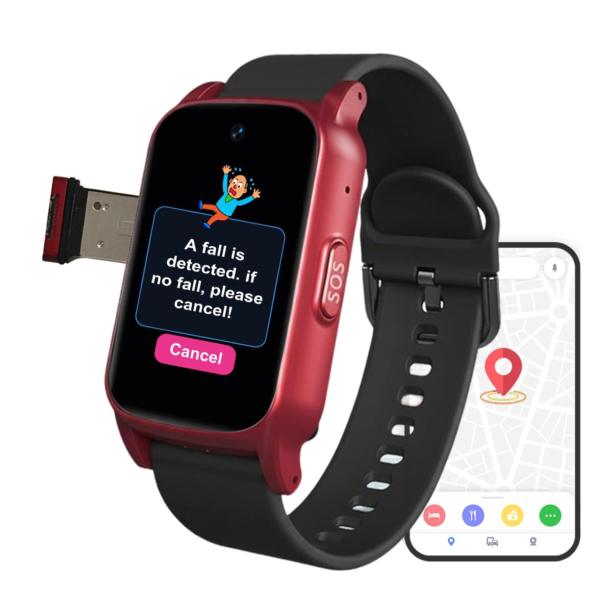Reloj Localizador Personas Mayores, con Detección De Alertas De Caída Y Posición GPS, Botón SOS, Llamadas/Videollamadas, Pour AlzheimerRed,1.25 * 0.57 * 2.22inch