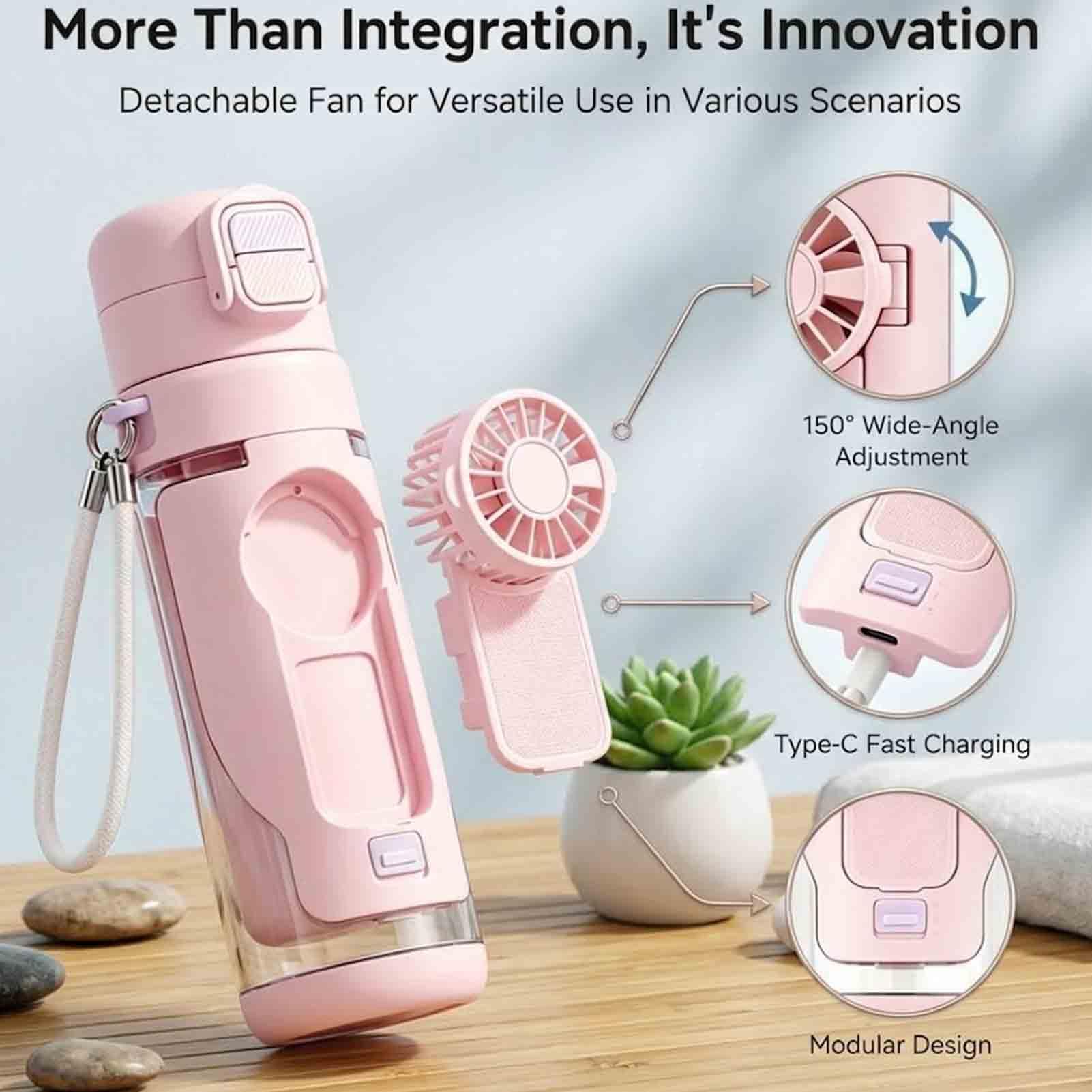 Borraccia portatile con ventola, 2 in 1, con ventola pieghevole integrata, 3 velocità, USB-C, ricaricabile, a prova di perdite, con cinghia, per viaggi, palestra, escursionismo