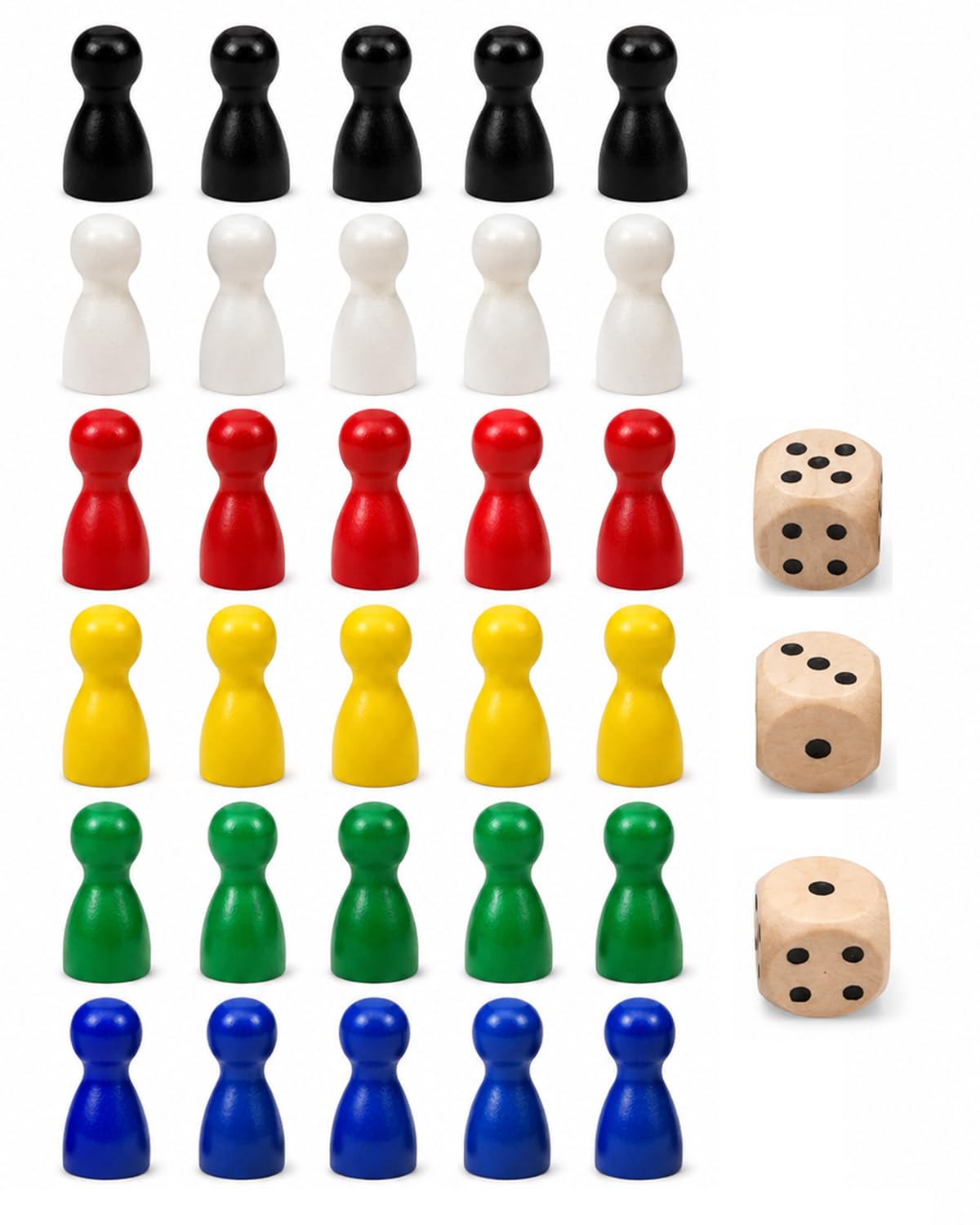 Pedine Sagomate in Legno, 30 Pezzi Multicolori (6 Colori) + 3 Dadi, Set Universale per Giochi da Tavolo, Ricambi e Progetti DIY Creativi