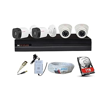 CP PLUS Wired 4-Channel HD DVR 1080p, Indoor Camera 2.4-MP 2 Pcs + Outdoor Camera 2.4-MP 2 Pcs + 4-CH ANTECH Power Supply & Cable, 1 TB HDD, BNC & DC Security Full Combo Set