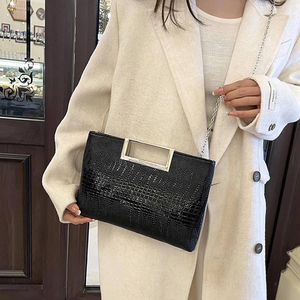Entchin Clutch Purses for Women, Crocodile Pattern Vegan Leather Handbag, Detachable Chain Strap Crossbody Shoulder Bag (Black)