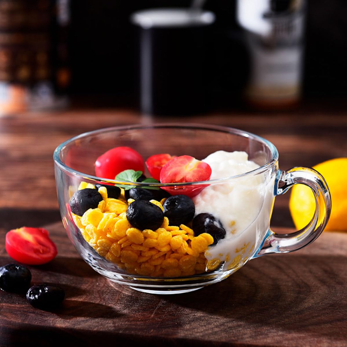 Healeved Set 2 Tazze in Vetro da 600ml con Coperchio, Tazze Multifunzione per Colazione e Bevande, Design Semplice e Raffinato, per Ufficio e Caffè