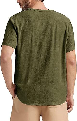 Miniatura 2 de Angbater Camiseta casual de lino Henley de manga corta para hombre, camiseta hippie de playa, camiseta ligera tropical para verano