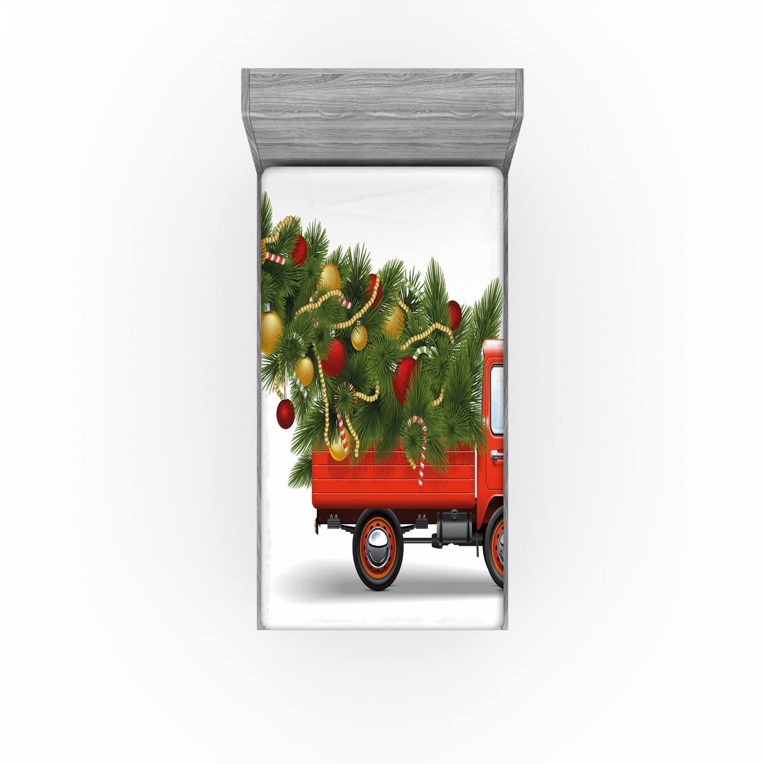Ambesonne Christmas 2 Pack Fitted Sheet, Xmas Truck and Tree, Bed Cover All-Round Elastic Deep Pockets 2 Pieces, Package Contains 2 Twin Size Fitted Sheets, White Red Green