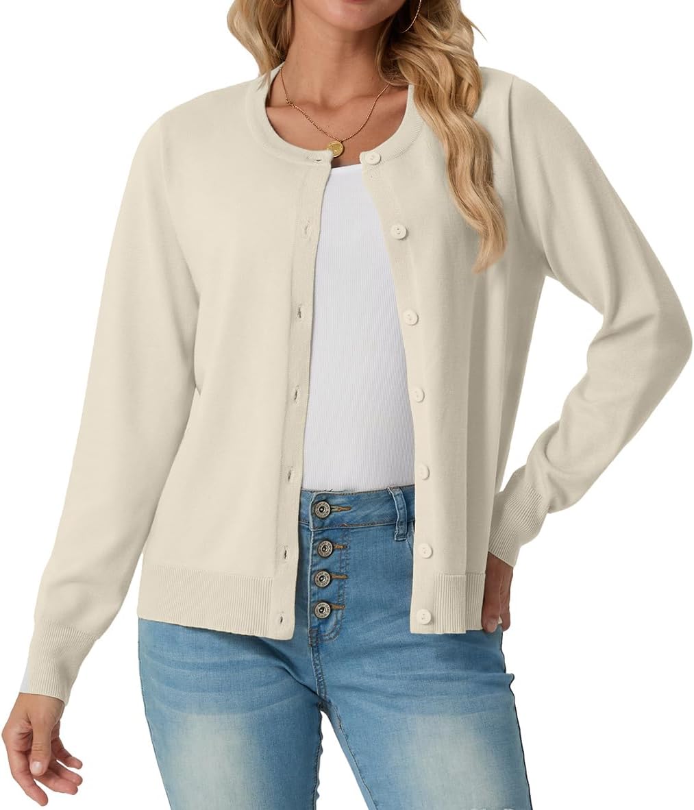 GRECERELLE Women's Lightweight Button Down Long Sleeve Crewneck Cardigan Sweater - Image 2