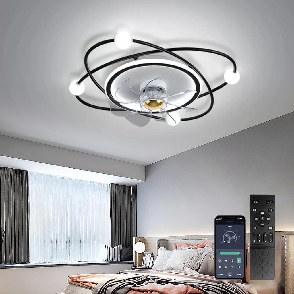 Nowoczesny wentylator sufitowy z oświetleniem, 58 cm ściemnialne światło sufitowe LED z wentylatorem, 42W Timer Wentylator sufitowy z lampą do salonu Sypialnia jadalnia(Czarny)