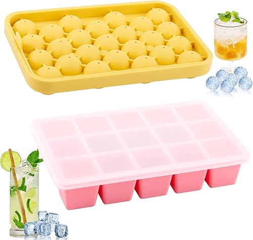 Paquete de 2 bandejas de silicona para cubitos de hielo de 25 moldes redondos para cubitos de hielo y 15 bandejas cuadradas para cubitos de hielo de