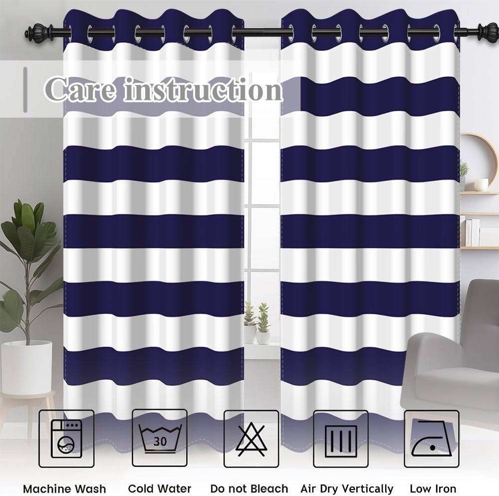 Blue White Horizontal Striped Blackout Curtains Navy Blue Stripe Window Curtains Retro Funky Boho Art Farmhouse Bedrroom Horizontal Lines Printed Drapes with Grommets,26x36 inch,2 Panels