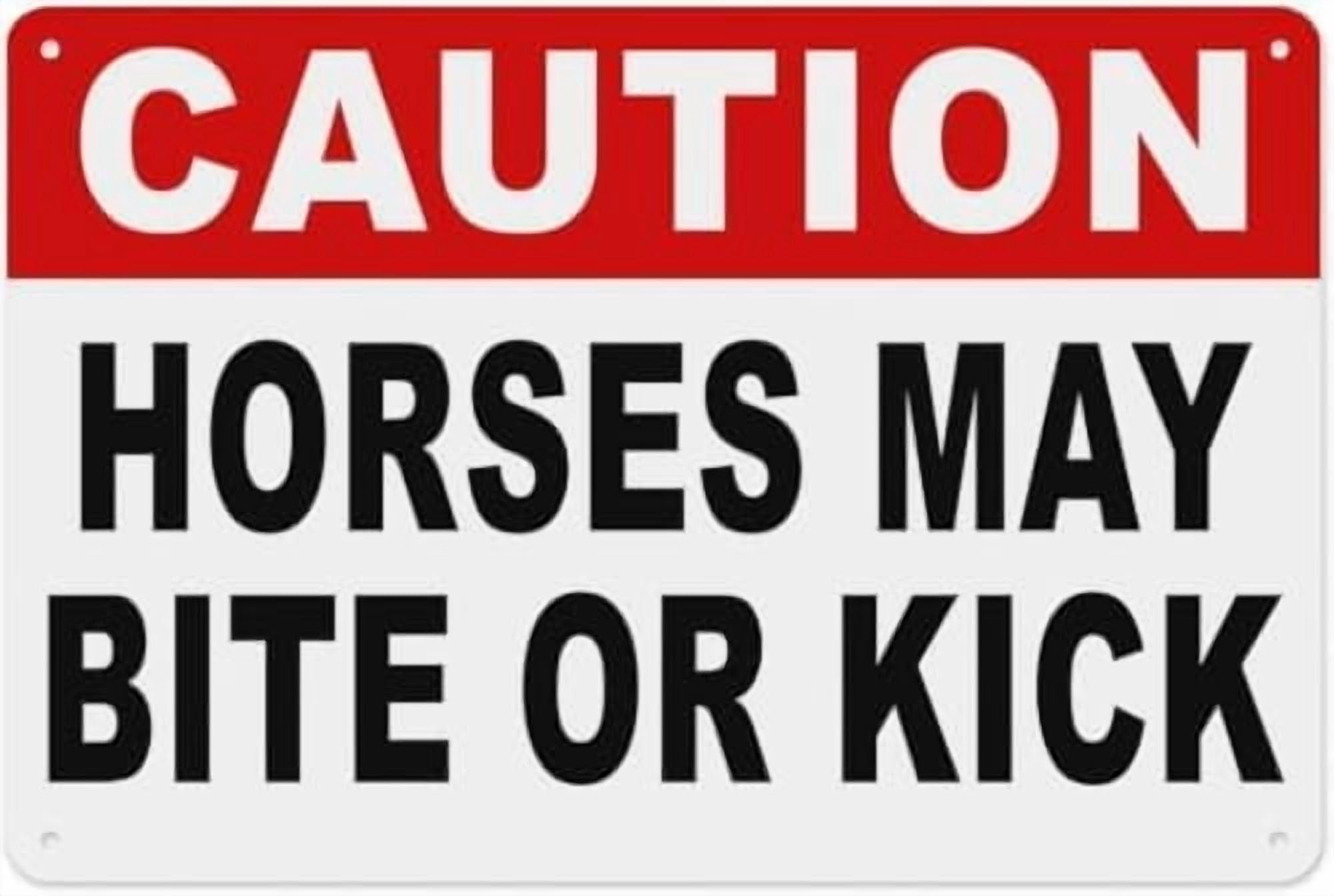 (2-Pack) Warning Metal Tin Sign: Caution Horses May Bite Or Kick, Sign; Vintage Wall Decor for Home, Farm, Bar, Coffee Shop, Club 12x8 inch