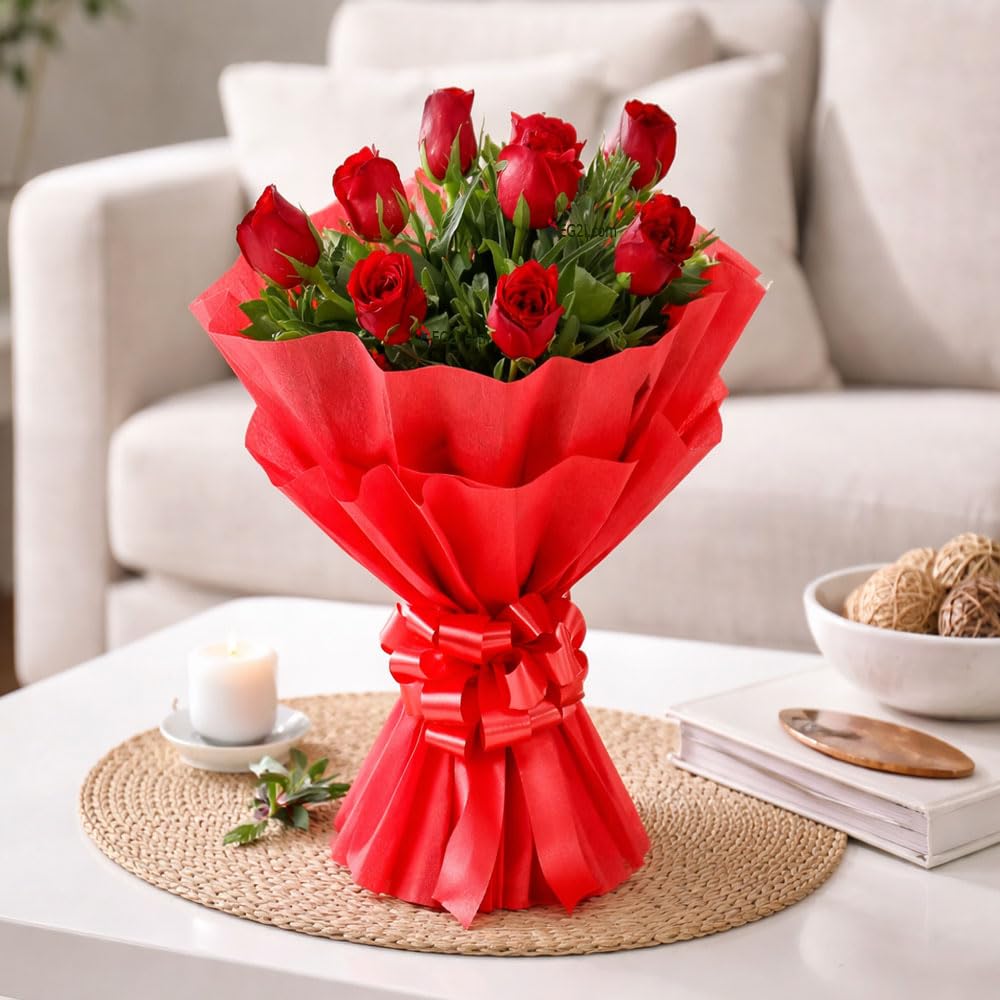 EG2i Beautiful Fresh 8 Red Rose Flower Floral Bouquet With Gift Wrapping | Special Bunch Happy Birthday Gift | Couple Gift for Wedding, Valentine's Day, Mothers Day| Real Flowers| Same Day Delivery