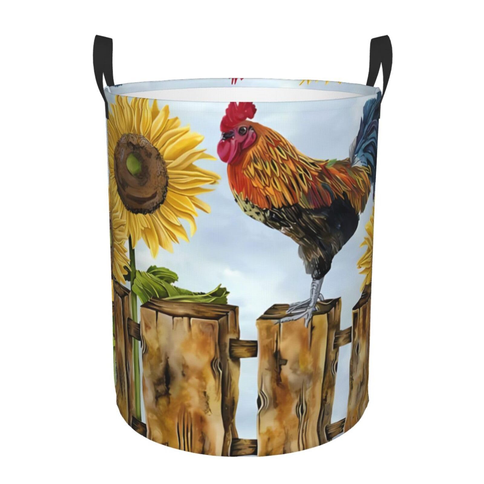M Circular Hamper Vintage Sunflower Rooster Print Storage Basket for Home