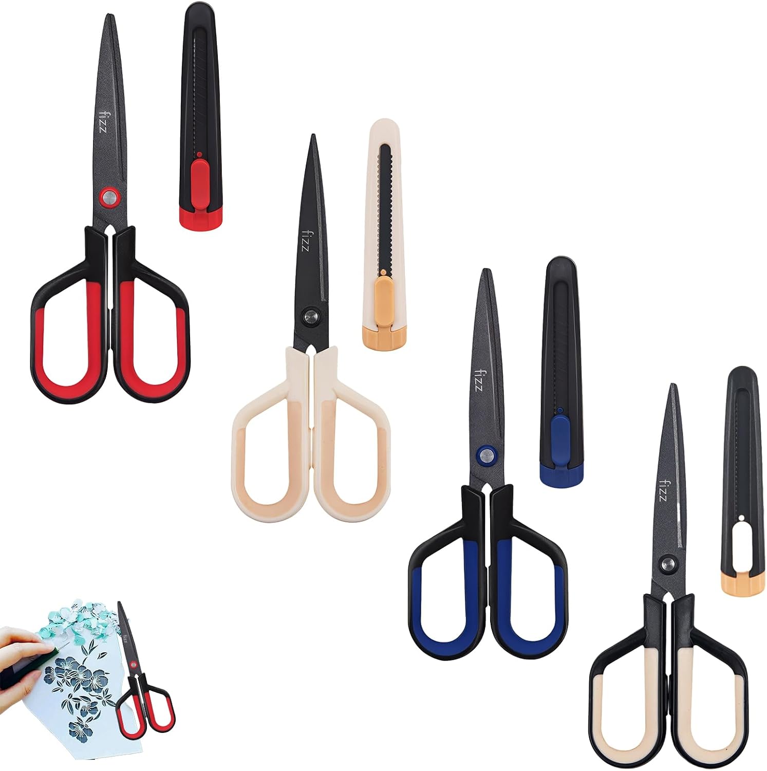 2-in-1 Scissors and Utility Knife Set, with Cover/Box Cutter Cap, Comfort-grip Fabric Sewing Scissors, Teflon Coating Non Stick Shears for Home School Crafting Supplies, Office (4 pcs)